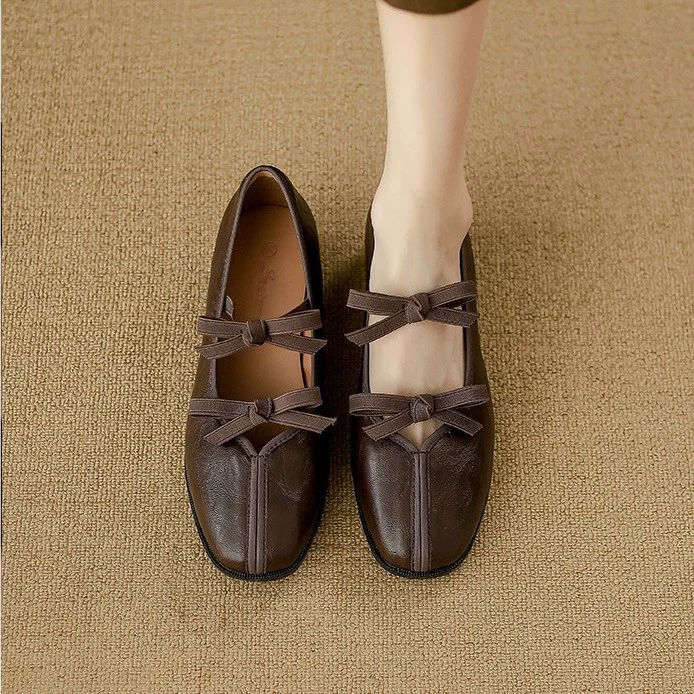 Genuine Leather Version Women's French Style Flat Shoes, New Ballet Shoes with Bow for Dresses, Retro Mary Jane Shoes