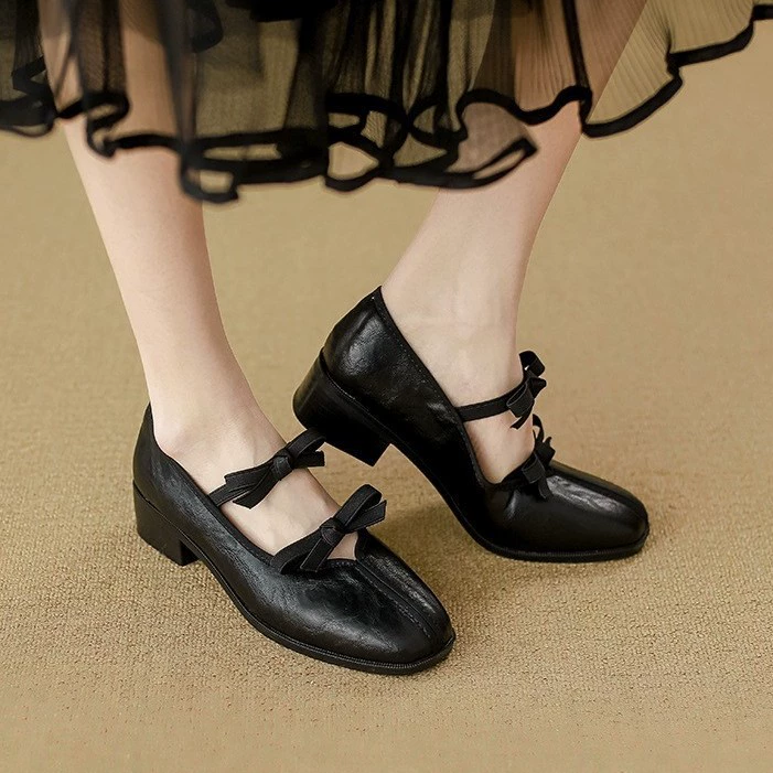 Genuine Leather Version Women's French Style Flat Shoes, New Ballet Shoes with Bow for Dresses, Retro Mary Jane Shoes