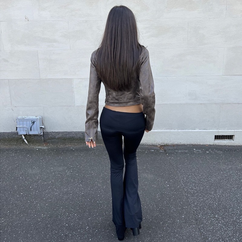 Vintage Distressed Brown Suede Slim Fit Stand Collar Leather Jacket Coat