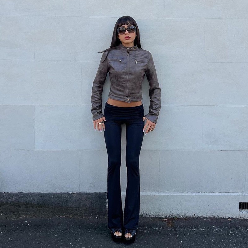 Vintage Distressed Brown Suede Slim Fit Stand Collar Leather Jacket Coat