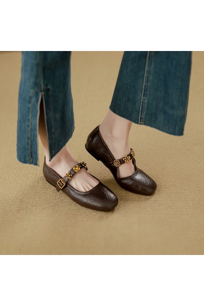 Women's French Style Genuine Leather Flat Shoes, Mango Toe Ballet Flats 01