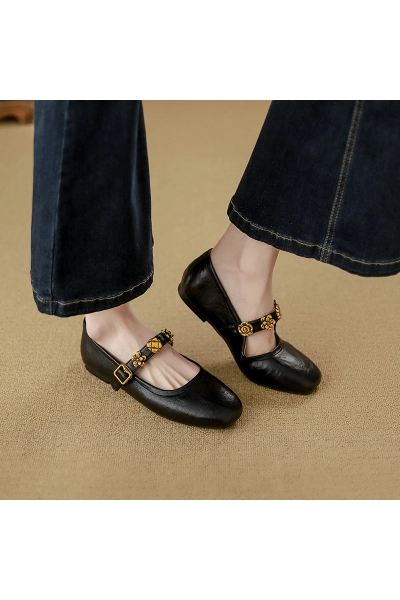 Women's French Style Genuine Leather Flat Shoes, Mango Toe Ballet Flats 02