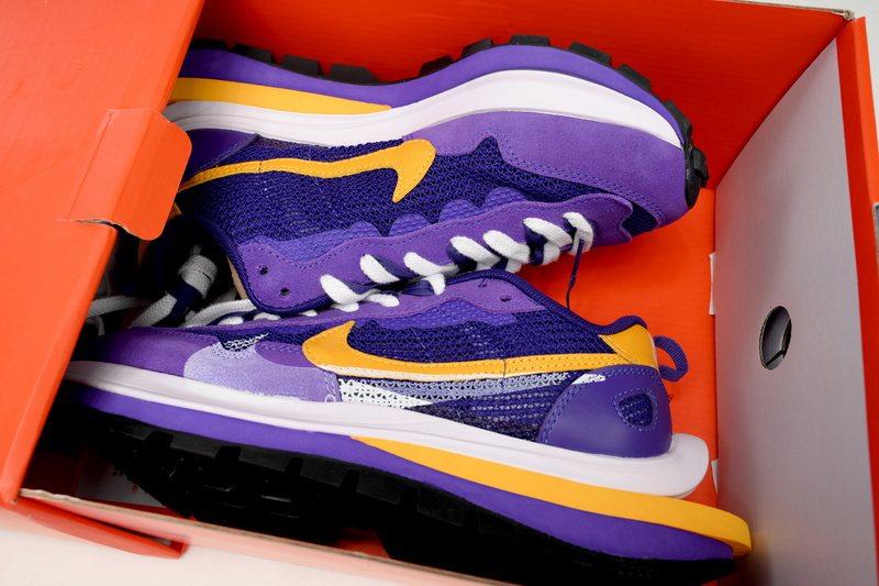 Sacai x Nike VaporWaffle Sesame Purple, White, and Yellow