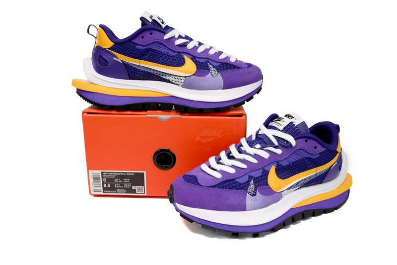 Sacai x Nike VaporWaffle Sesame Purple, White, and Yellow