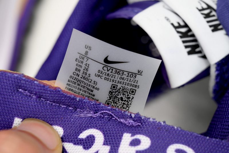 Sacai x Nike VaporWaffle Sesame Purple, White, and Yellow