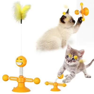 Cat Teaser Wand Funny Turntable Teasing Stick Interactive Feather Spring Ball With Suction Cup Kitten Toys 02