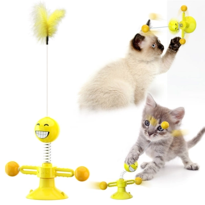 Cat Teaser Wand Funny Turntable Teasing Stick Interactive Feather Spring Ball With Suction Cup Kitten Toys 01