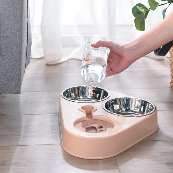 CAT DOG Bowls & Slow Feeder Bowls 3 In 1 500ml Dog Feeder Bowl With Dog Water Bottle Cat Automatic Drinking Bowl Cat Food Bowl Pet Stainless Steel Double Bowl