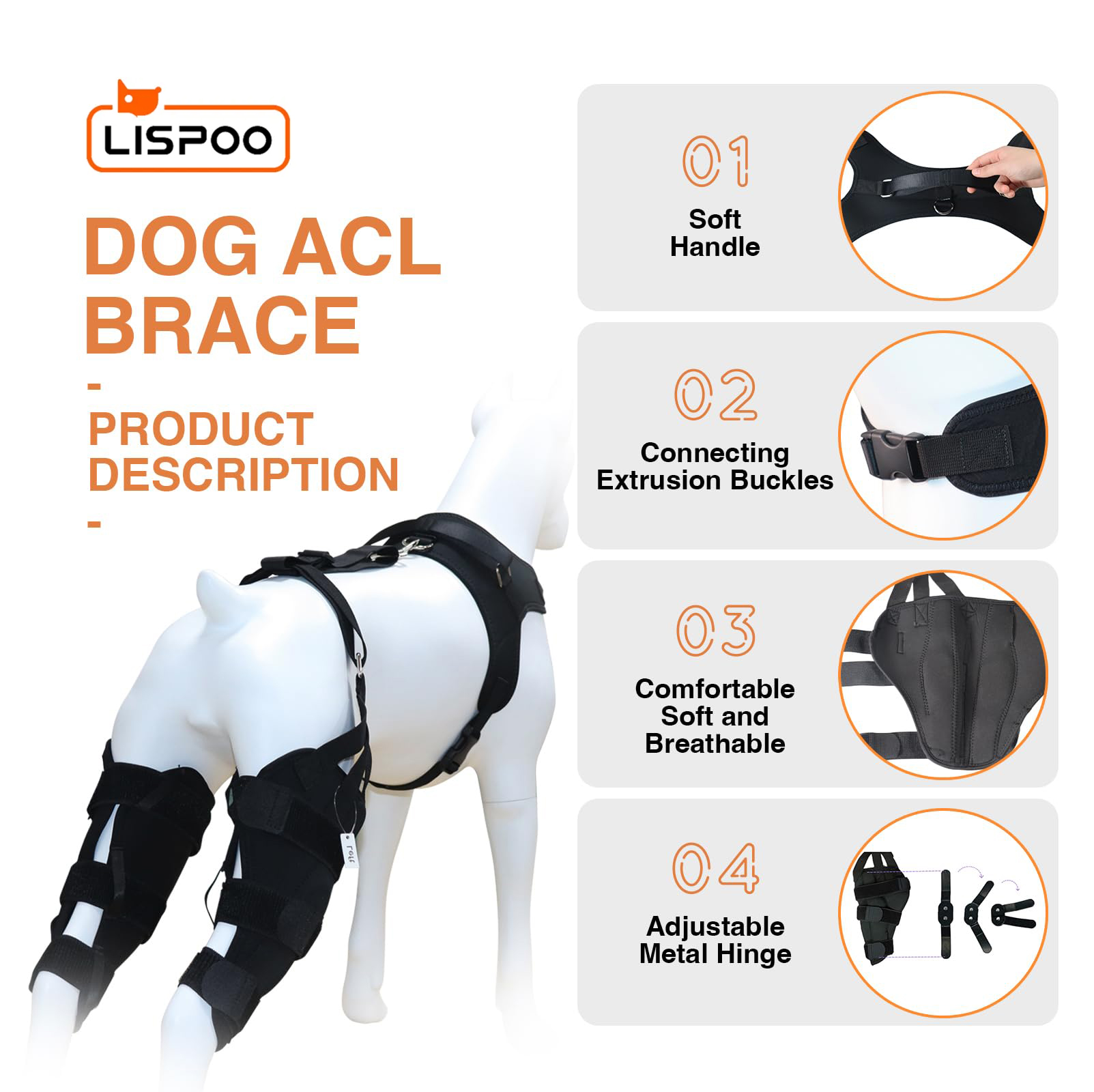 LISPOO Golden Retriever Double Hind Leg Hinged Knee Braces For Torn ACL