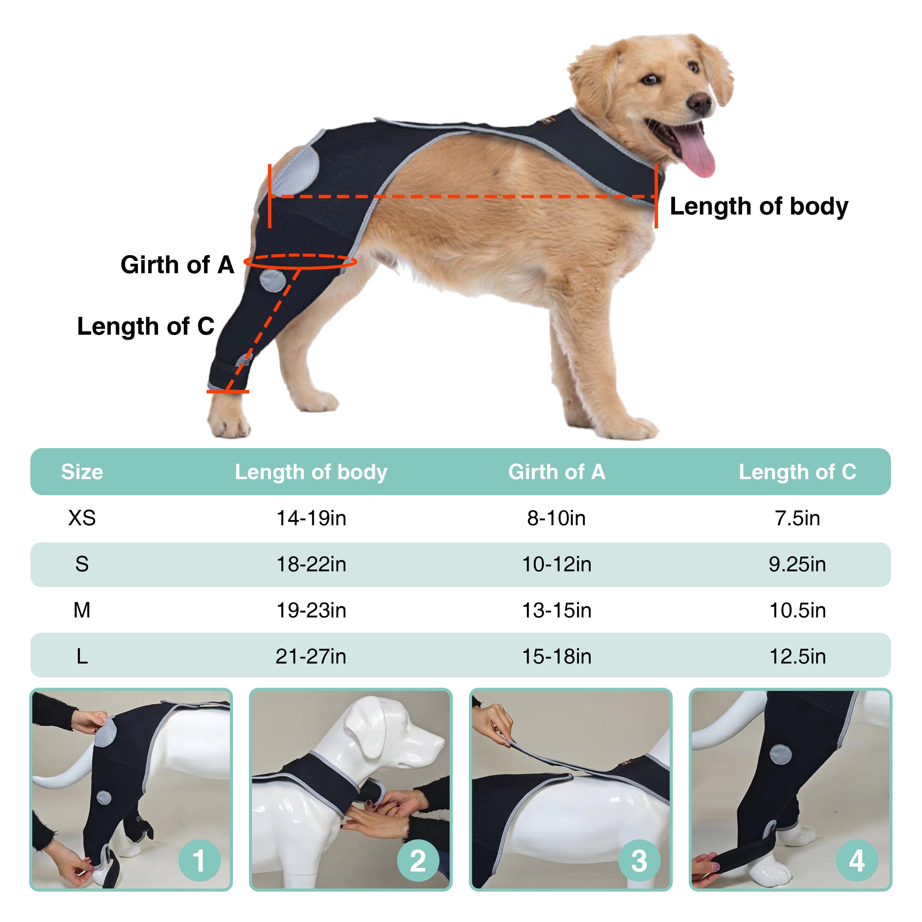 Dog single hind leg muff, anti-licking, with reflective tape