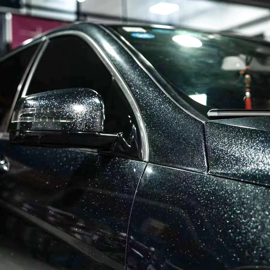 Benz Glossy PET Sparkle Black Car Vinyl Wrap
