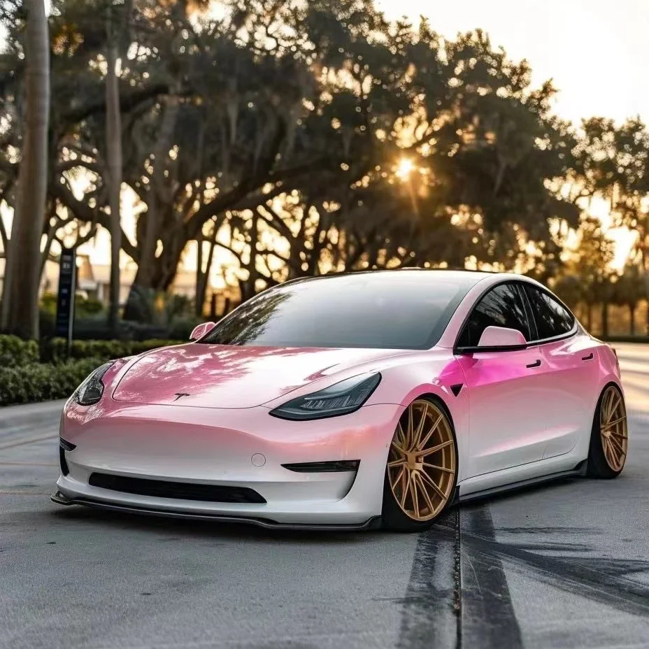 Tesla Gloss Customized Pink White Car Vinyl Wrap