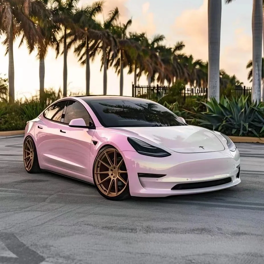 Tesla Gloss Customized Pink White Car Vinyl Wrap
