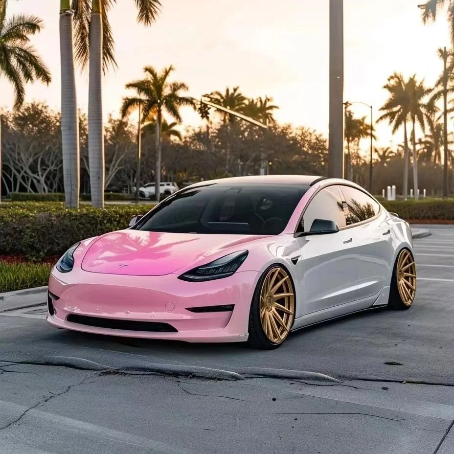 Tesla Gloss Customized Pink White Car Vinyl Wrap