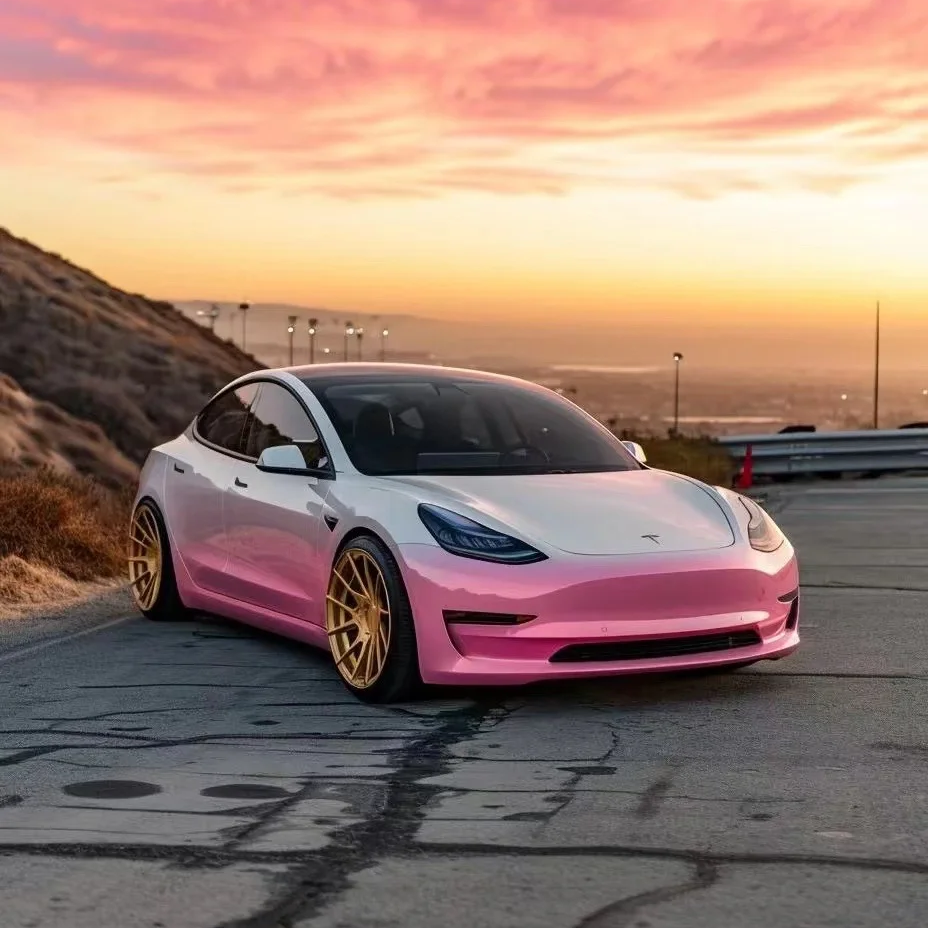 Tesla Gloss Customized Pink White Car Vinyl Wrap