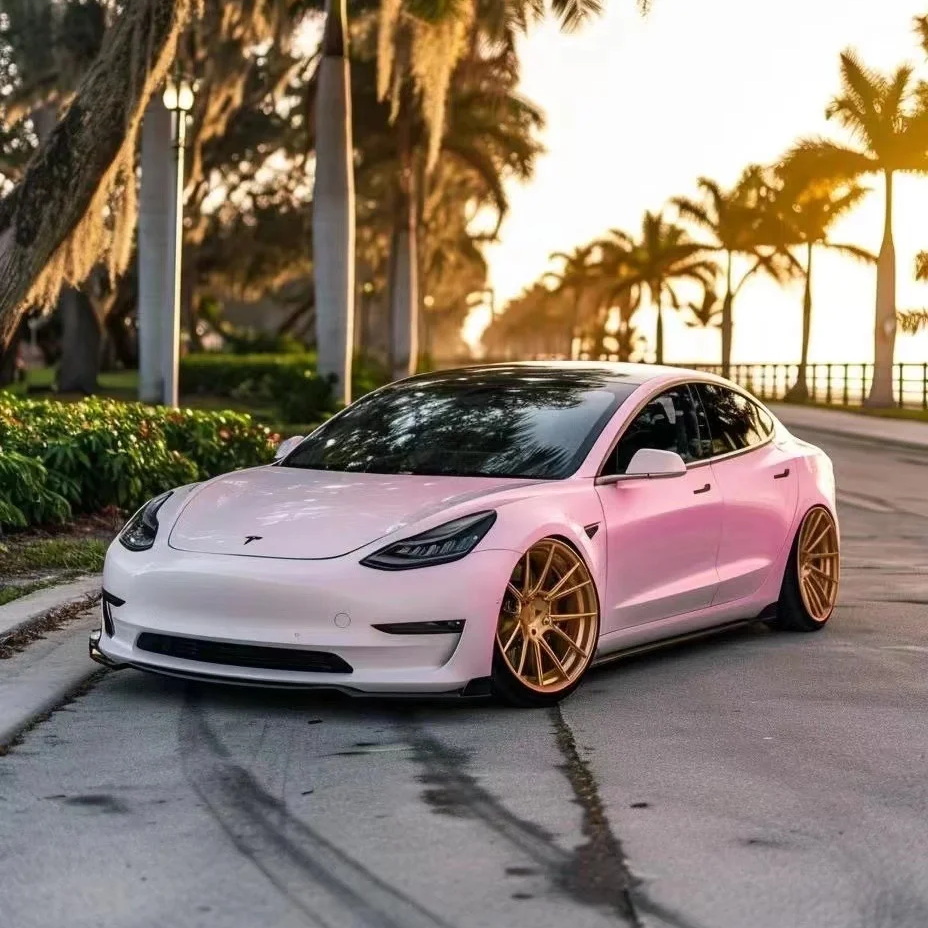 Tesla Gloss Customized Pink White Car Vinyl Wrap