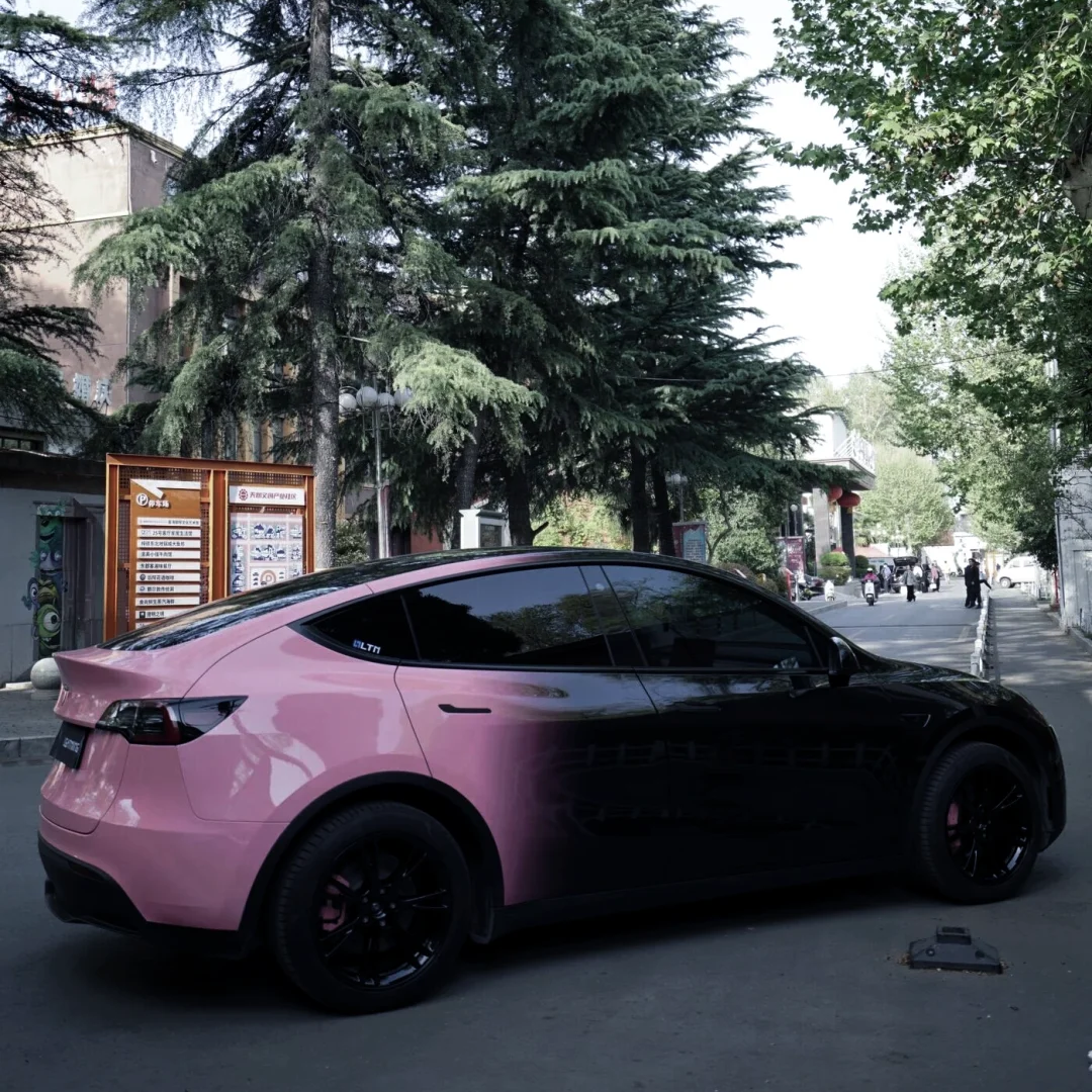 Tesla Gloss Black Pink Gradient Color Customized Car Vinyl Wrap