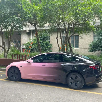 Tesla Gloss Black Pink Gradient Color Customized Car Vinyl Wrap 02