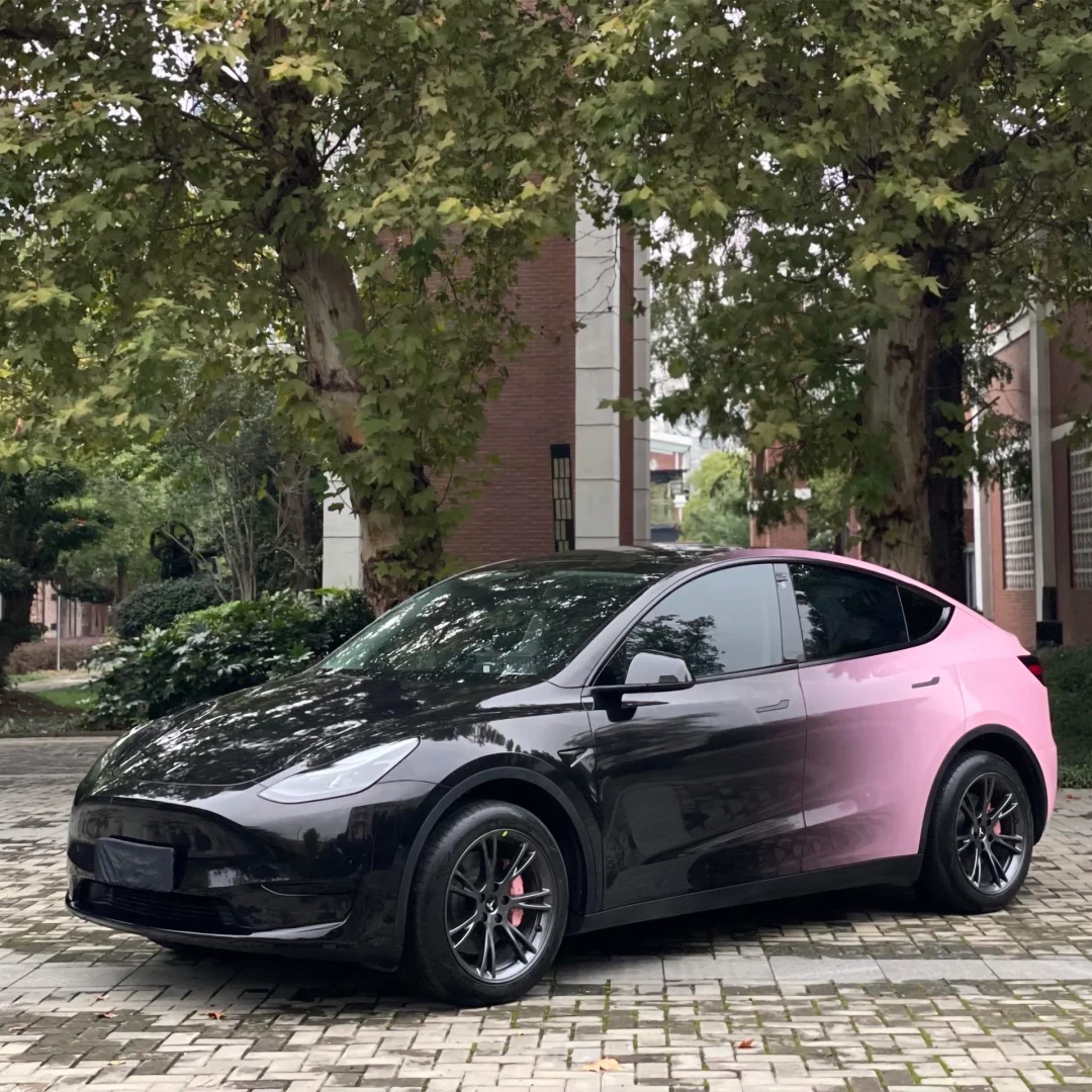 Tesla Gloss Black Pink Gradient Color Customized Car Vinyl Wrap