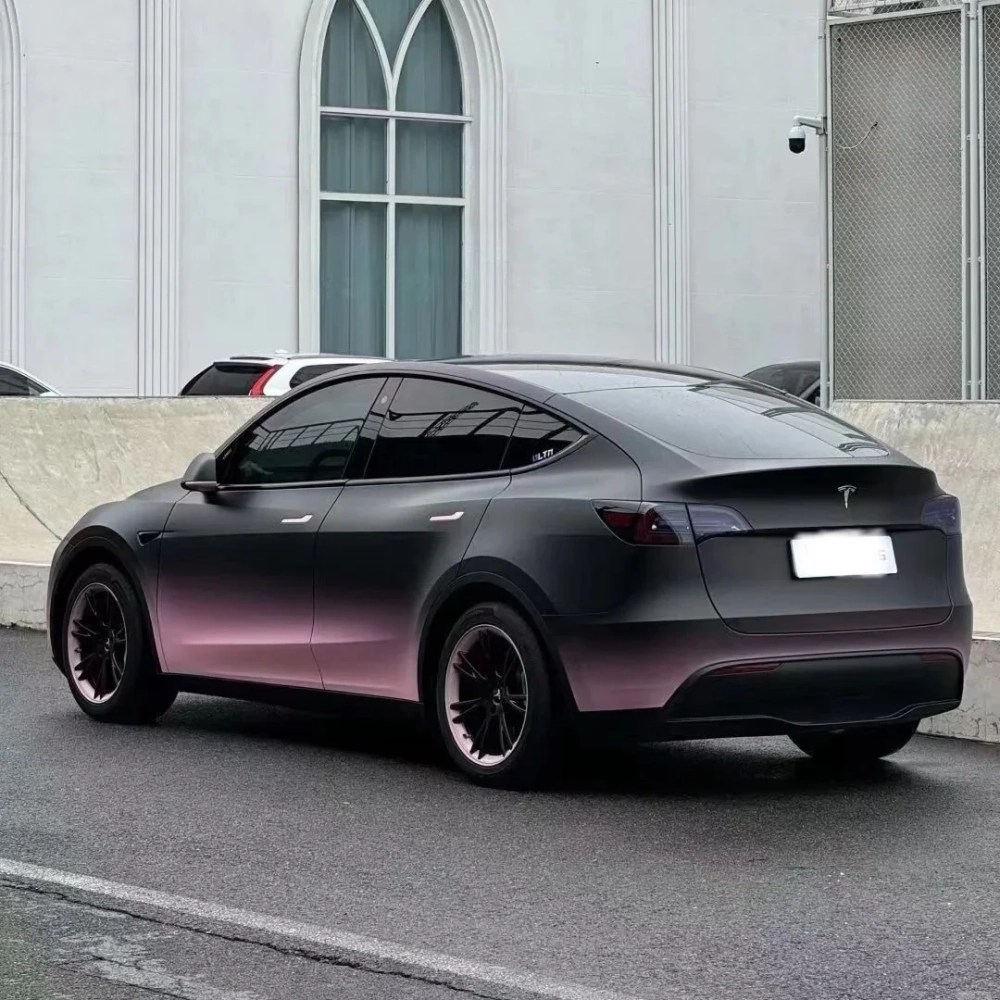 Tesla Matte Black Pink Gradient Color Car Vinyl Wrap