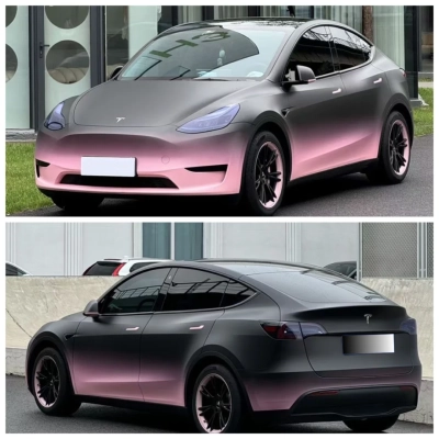Tesla Matte Black Pink Gradient Color Customized Car Vinyl Wrap 02