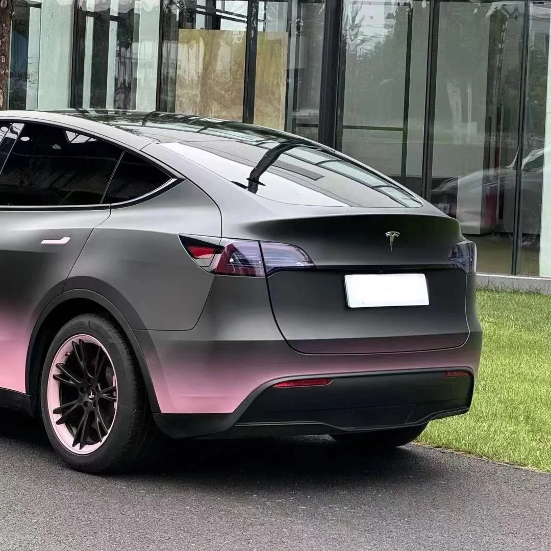 Tesla Matte Black Pink Gradient Color Customized Car Vinyl Wrap