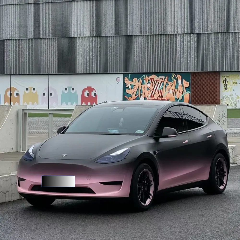 Tesla Matte Black Pink Gradient Color Customized Car Vinyl Wrap