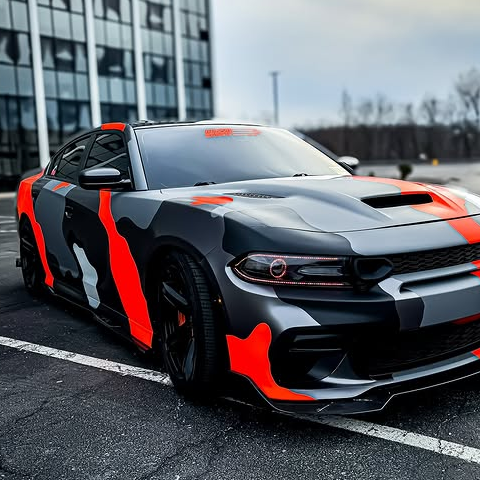 Dodge Challenger Orange Black Grey Camo Custom Car Vinyl Wrap