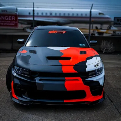 Dodge Challenger Orange Black Grey Camo Custom Car Vinyl Wrap 01