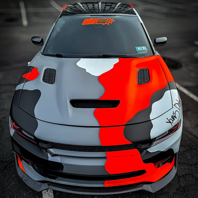 Dodge Challenger Orange Black Grey Camo Custom Car Vinyl Wrap