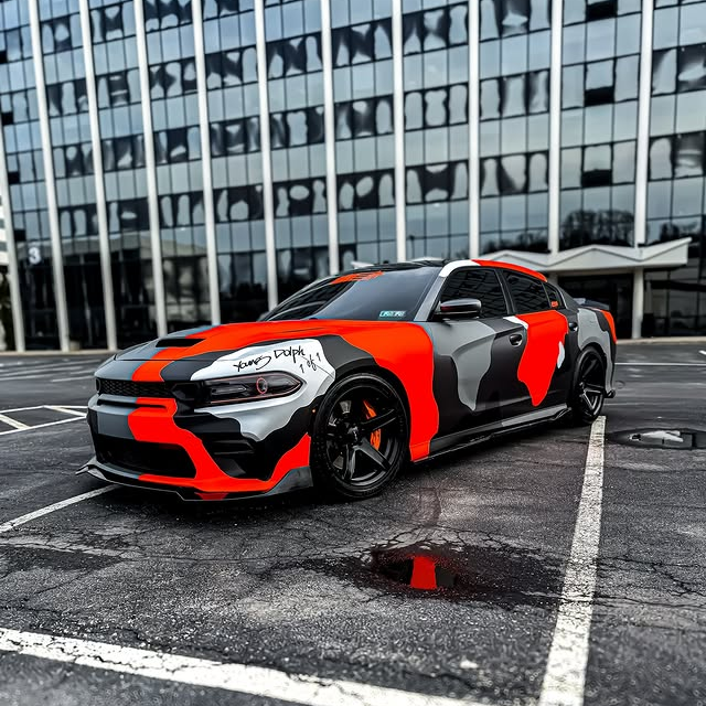 Dodge Challenger Orange Black Grey Camo Custom Car Vinyl Wrap