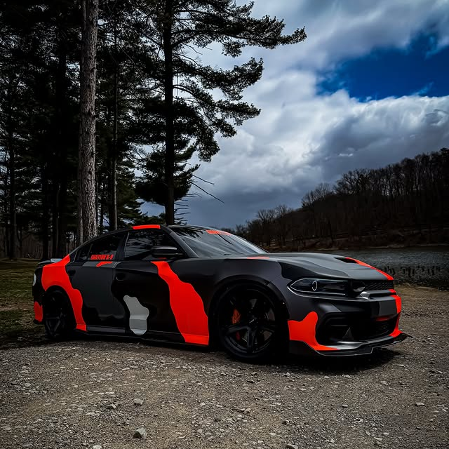 Dodge Challenger Orange Black Grey Camo Custom Car Vinyl Wrap