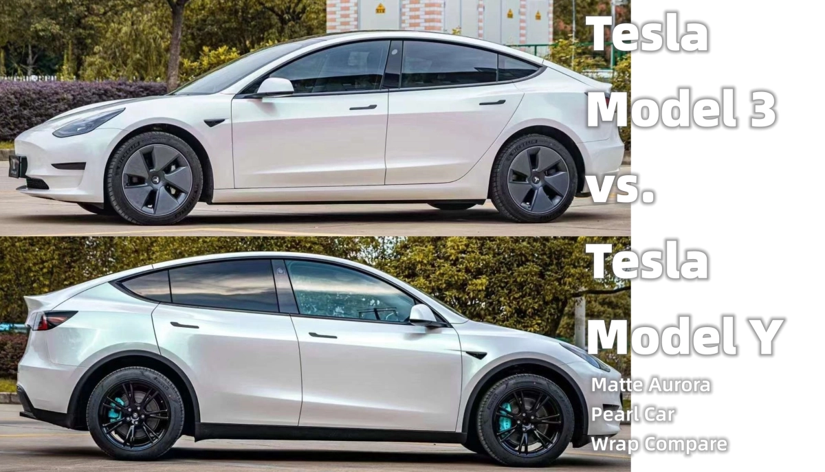 Tesla Model 3 vs. Tesla Model Y - Matte Aurora Pearl Car Wrap Compare