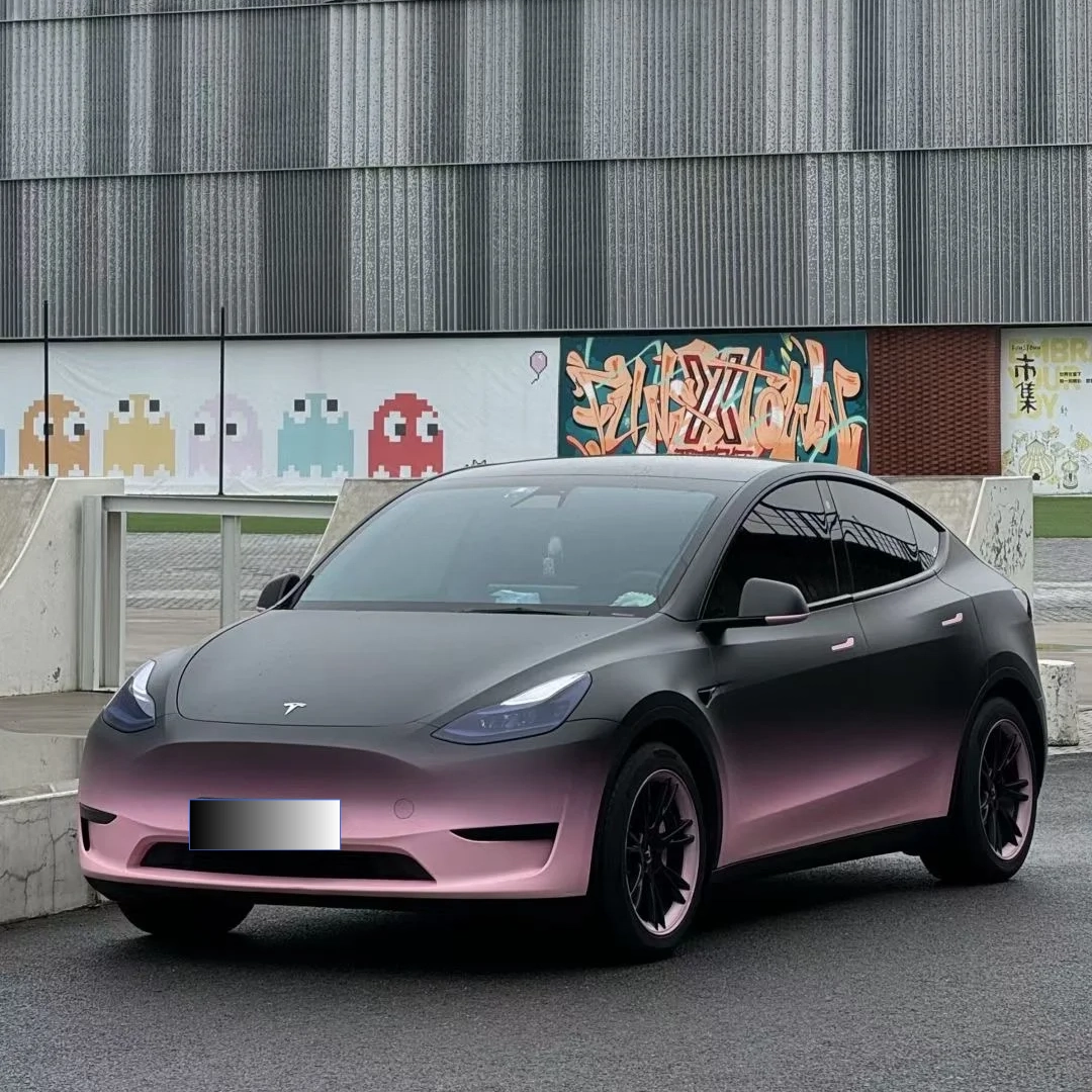 Customized Car Vinyl Wrap---Matte Black Pink Gradient Color of Tesla