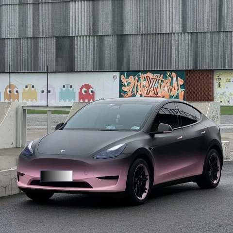 Customized Car Vinyl Wrap---Matte Black Pink Gradient Color of Tesla