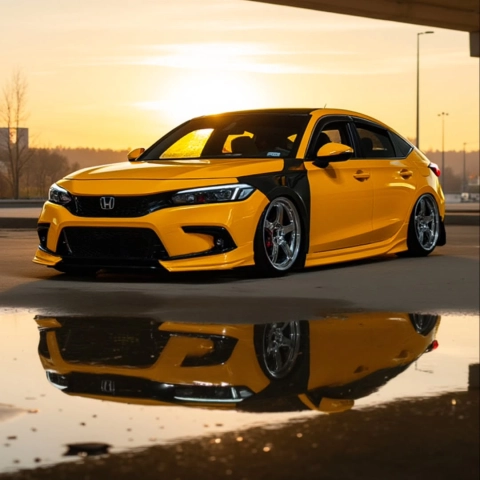 Honda Civic Styled in Gloss Sunflower Yellow Vinyl Wrap