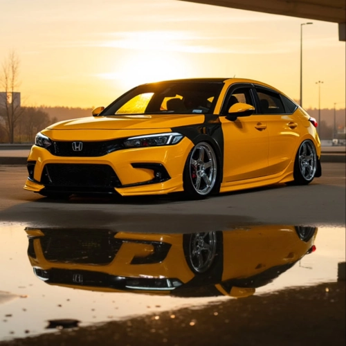 Honda Civic Styled in Gloss Sunflower Yellow Vinyl Wrap