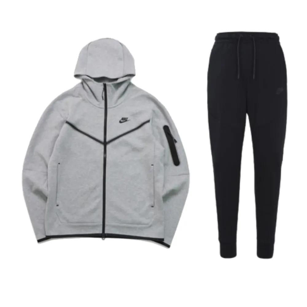 nike sportswear tech fleece full zip hoodie & joggers set grey and black