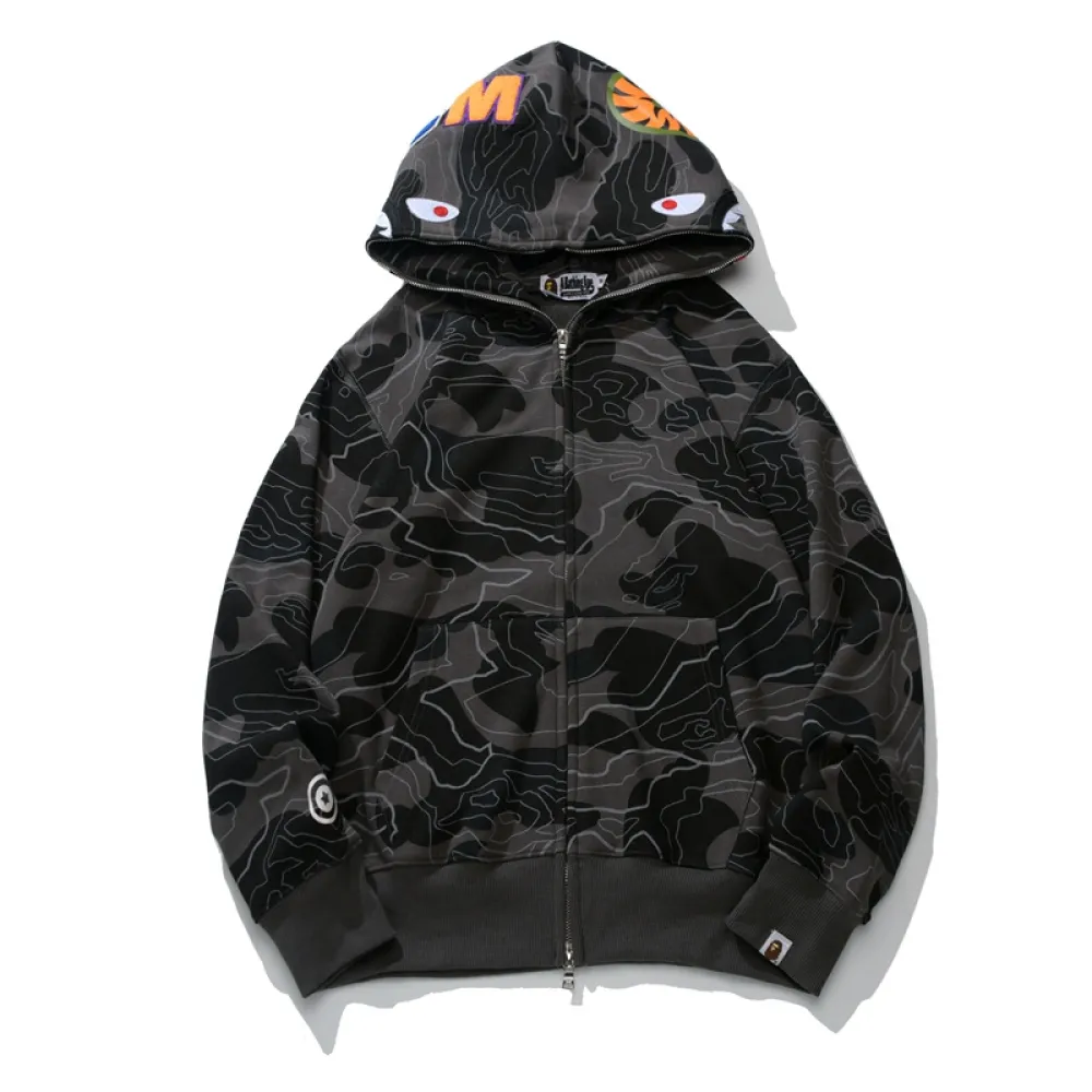 BAPE Layered Line Camo Shark Full Zip Hoodie Black & Beige