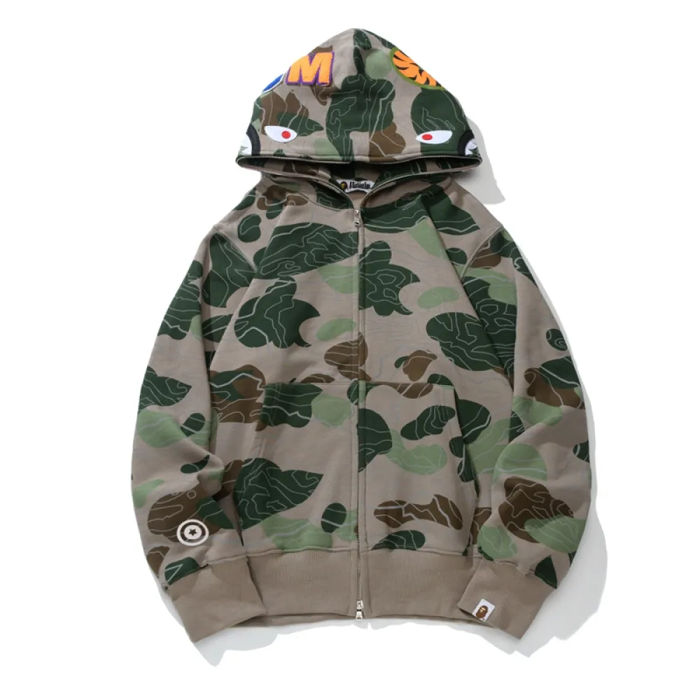 BAPE Layered Line Camo Shark Full Zip Hoodie Black & Beige