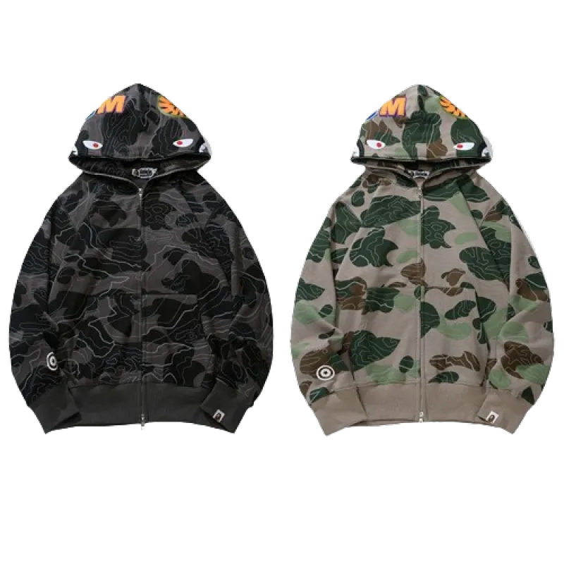 BAPE Layered Line Camo Shark Full Zip Hoodie Black & Beige