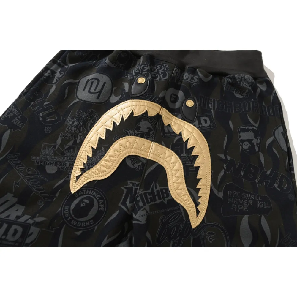  BAPE x NBHD joint style shark head black and gold trousers