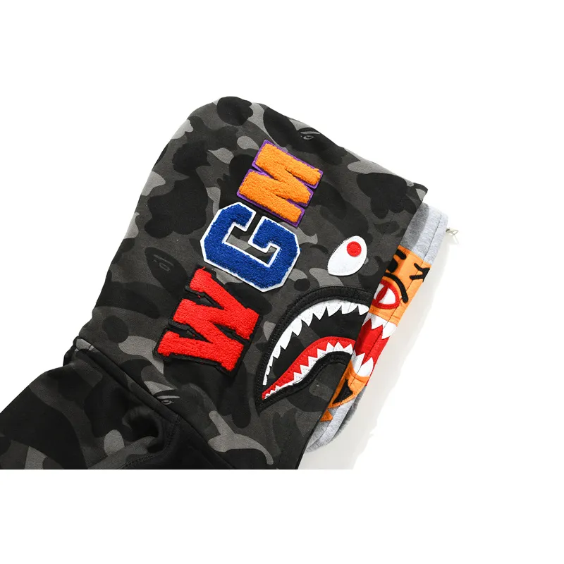 BAPE tiger head double hood camouflage patchwork hoodie