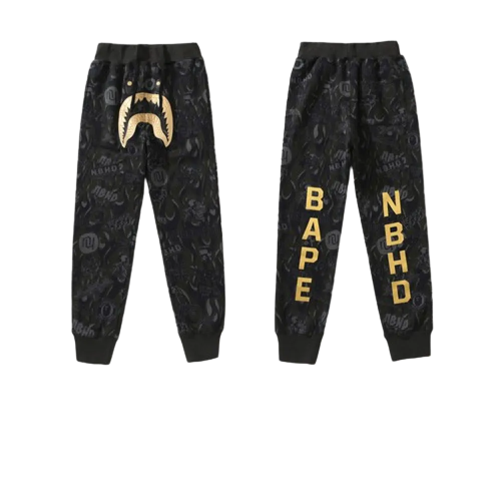 bape x nbhd joint style shark head black and gold trousers