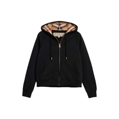 【TOP Version】Burberry Zip Up Hoodie With Check Hood Black Archive Beige 01