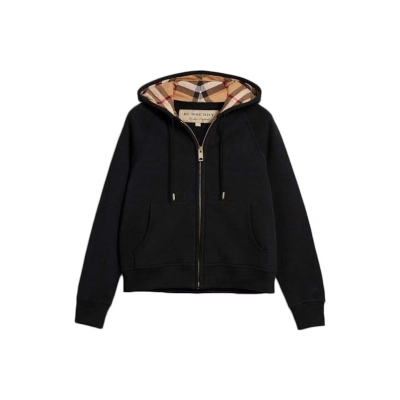 Burberry Zip Up Hoodie With Check Hood Black Archive Beige 01