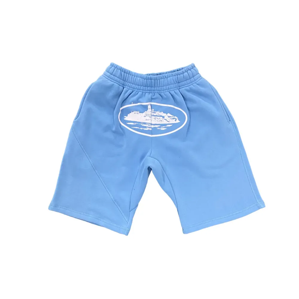 corteiz og alcatraz shorts heather blue