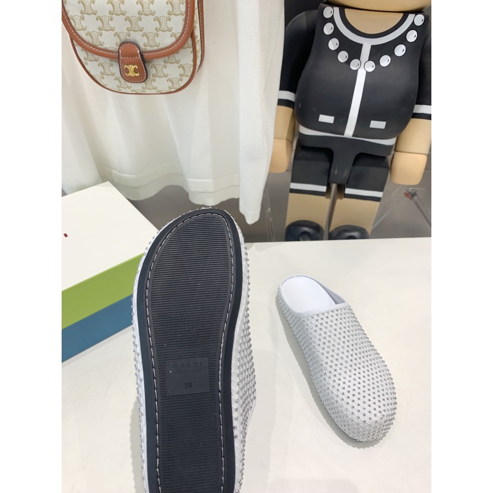 Marni White leather Fussbett Sabot Slide With Rhinestones 241379F121007