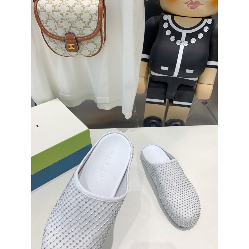 Marni White leather Fussbett Sabot Slide With Rhinestones 241379F121007