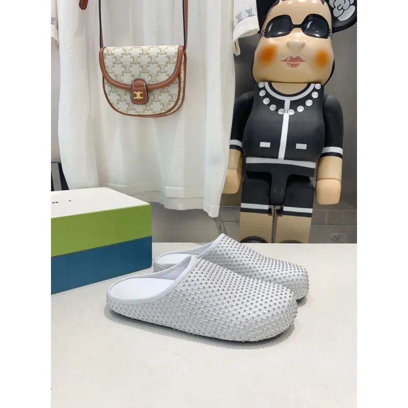 Marni White leather Fussbett Sabot Slide With Rhinestones 241379F121007